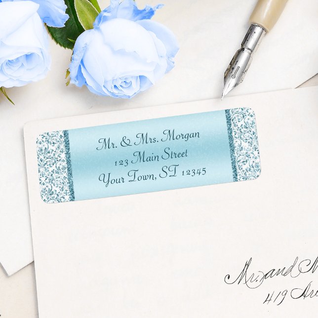 Blue Metallic Damask Wedding Rücksendeadresse (Von Creator hochgeladen)