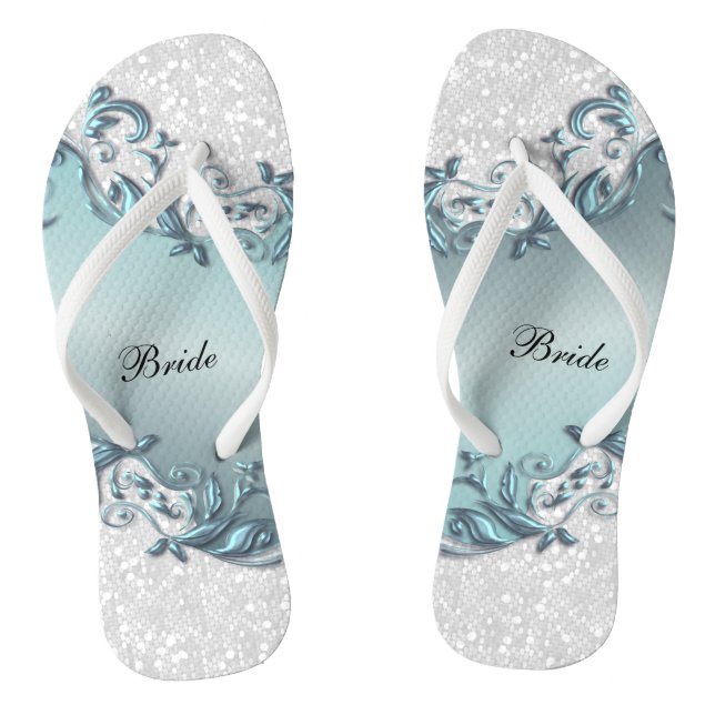 Blue Metallic Floral & Confetti Glitzer | Hochzeit Flip Flops (Fußbett)