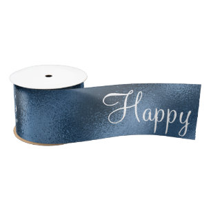 Blue Metallic Happy Birthday Script Modern Satin Satinband