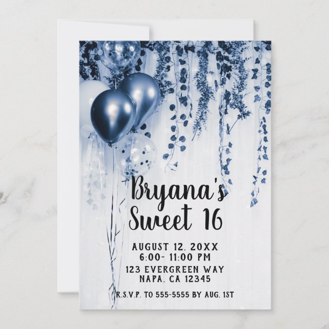 Blue Metallic Party Balloons Ivy White Sweet 16 Einladung (Vorderseite)