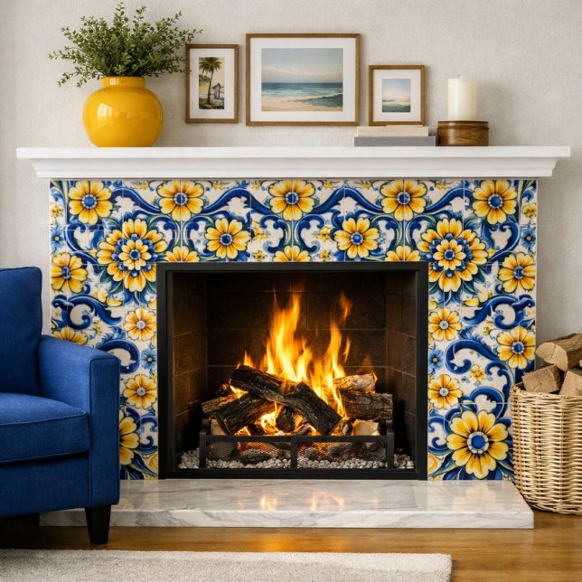 Blue Mexican Star Blume Nahtlos Fliese (Modern coastal fireplace featuring 6x6 blue and gold tiles warm firelight highlights. Mockup)