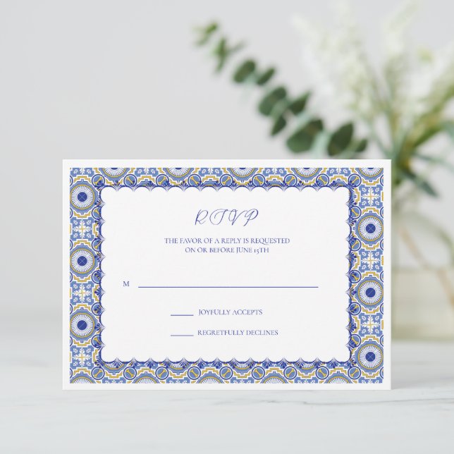Blue Mexican Talavera Spanish Wedding RSVP Karte (Stehend Vorderseite)