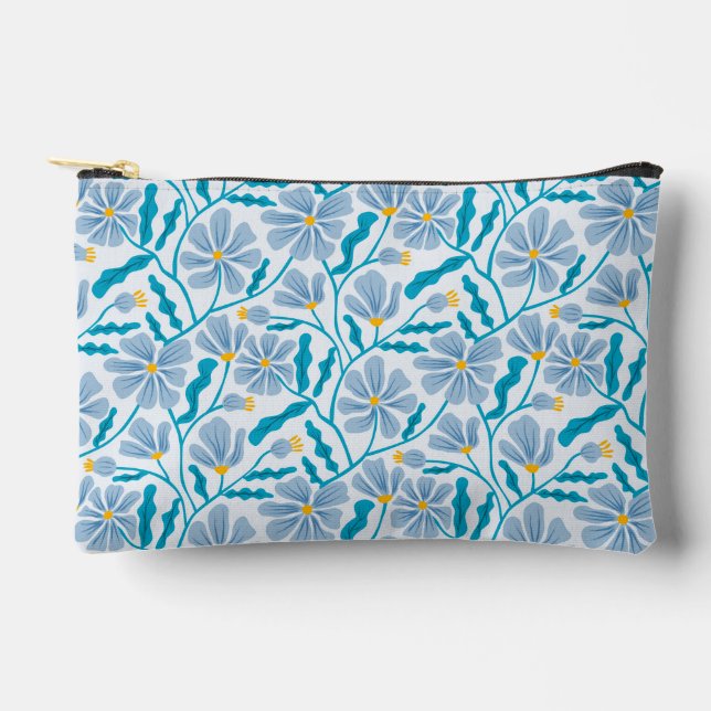 Blue Mid-Century Modern Floral Pattern Zubehörtasche (Vorderseite)