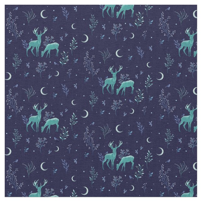 Blue Midnight Moonlight Deer Fabric Stoff (Nahaufnahme)