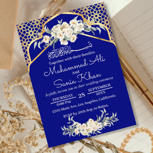 Blue Minimal Floral Gold Islamische Hochzeit Einladung