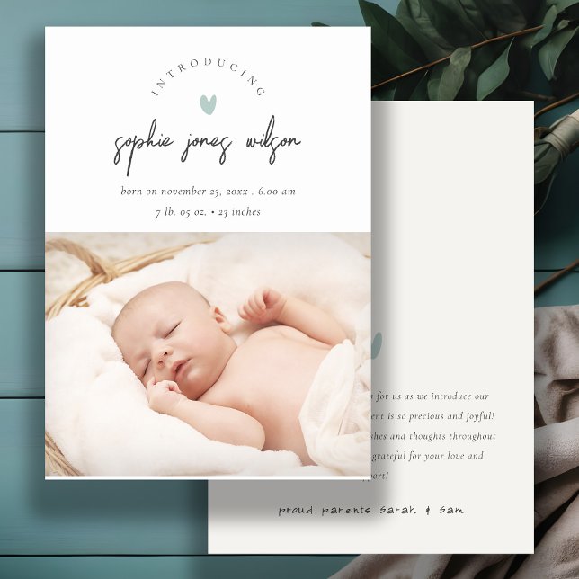 Blue Minimal Heart Script Foto Geburtsankündigung Dankeskarte (Von Creator hochgeladen)