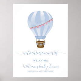 Blue Minimal Hot Air Ballon Babydusche Willkommen Poster