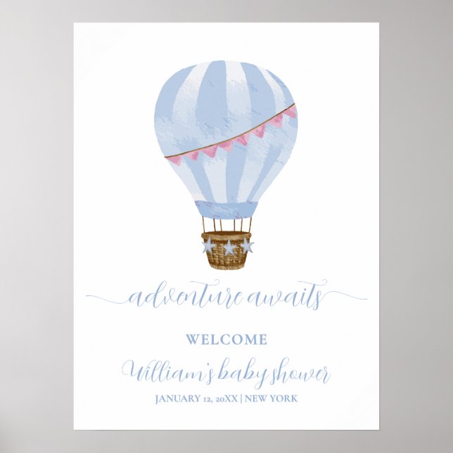 Blue Minimal Hot Air Ballon Babydusche Willkommen Poster (Vorne)
