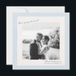 Blue Minimal Photo Wedding Save the Date Einladung<br><div class="desc">Blue wedding Save the Date card designed for a romantic coastal or summer wedding. This elegant photo announcement blends modern minimalist style with soft “something blue” wedding traditions, perfect for the timeless bride planning a beach, navy, or seaside celebration. Style it with handmade envelopes, coastal florals, and classic calligraphy for...</div>