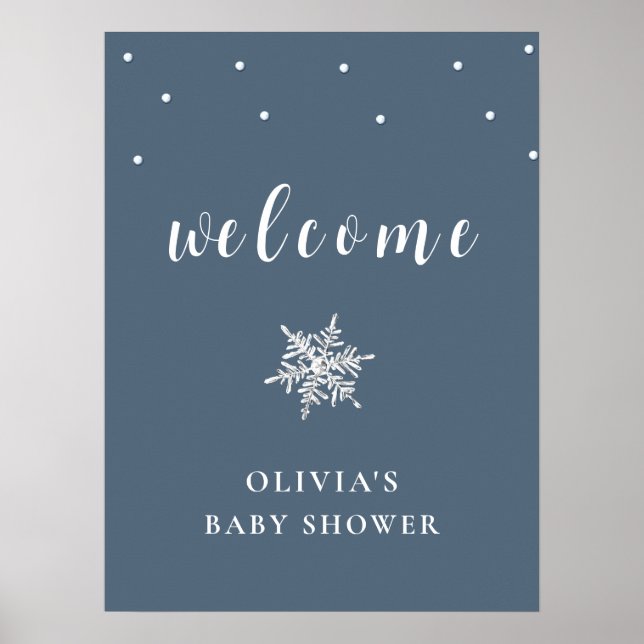 Blue Minimal Snowflake Baby Dusche Willkommen Poster (Vorne)