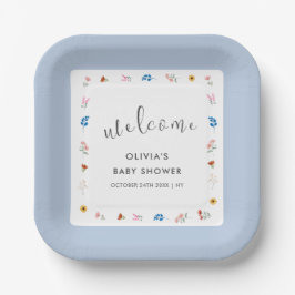 Blue Minimal Wildblume Baby Dusche Willkommen Pappteller