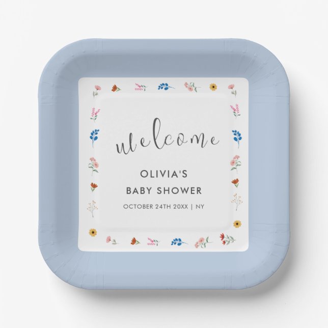 Blue Minimal Wildblume Baby Dusche Willkommen Pappteller (Vorderseite)