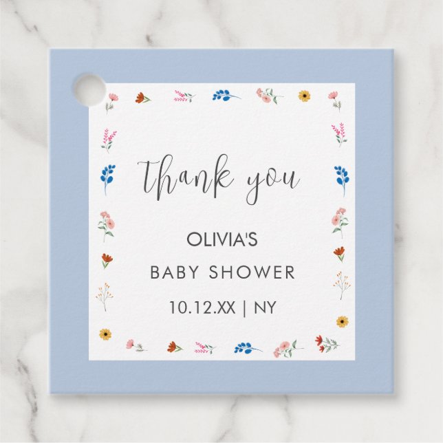 Blue Minimal Wildblume Babydusche Danke Geschenkanhänger (Vorderseite)