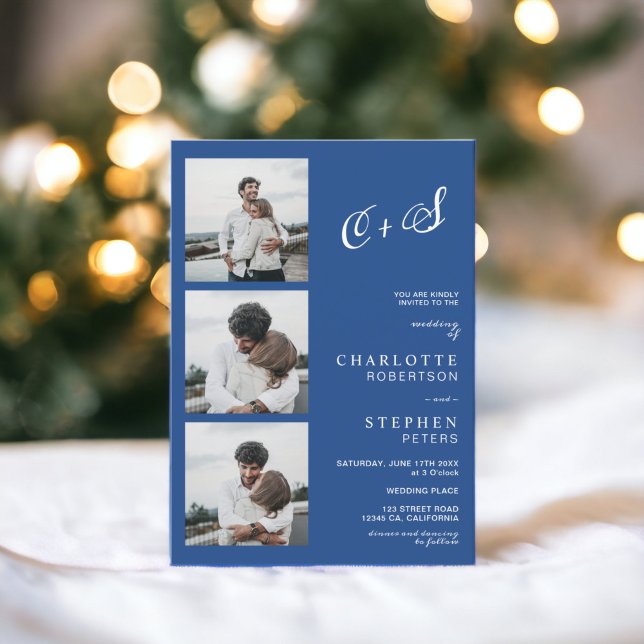 Blue minimalist casual initials photo wedding einladung (Blue minimalist casual initials photo wedding invitation)