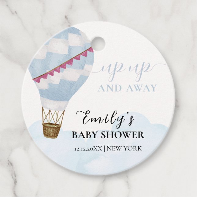 Blue Minimalistisch Boho Hot Air Ballon Babydusche Geschenkanhänger (Vorderseite)