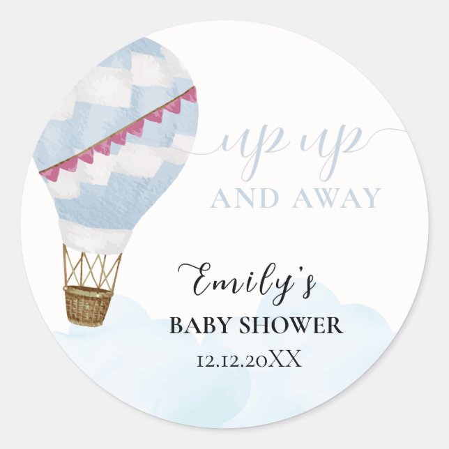 Blue Minimalistisch Boho Hot Air Ballon Babydusche Runder Aufkleber (Vorderseite)
