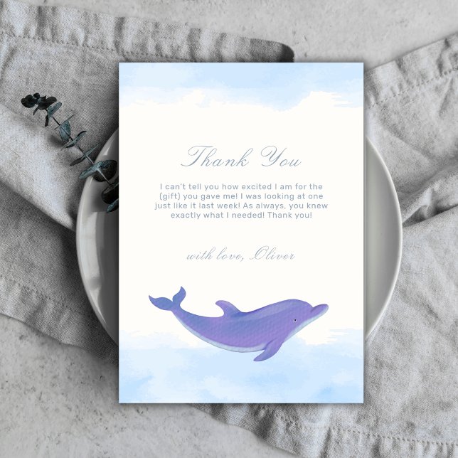 Blue Minimalistisch Boho Ocean Dolphin Baby Dusche Dankeskarte (Blue Minimalist Boho Ocean Dolphin Baby Shower Thank You Card)