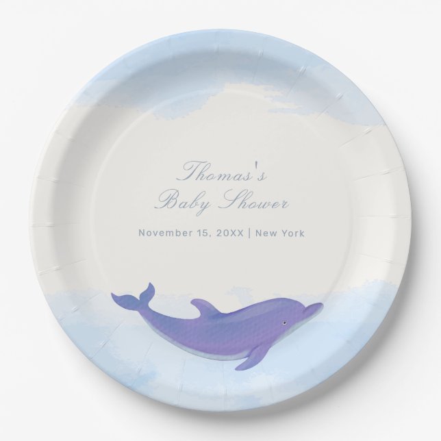 Blue Minimalistisch Boho Ocean Dolphin Baby Dusche Pappteller (Vorderseite)