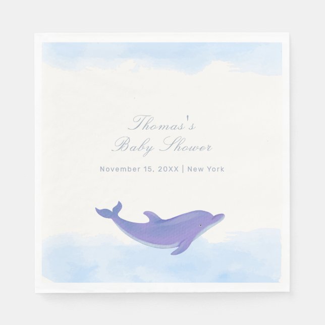 Blue Minimalistisch Boho Ocean Dolphin Baby Dusche Serviette (Vorderseite)