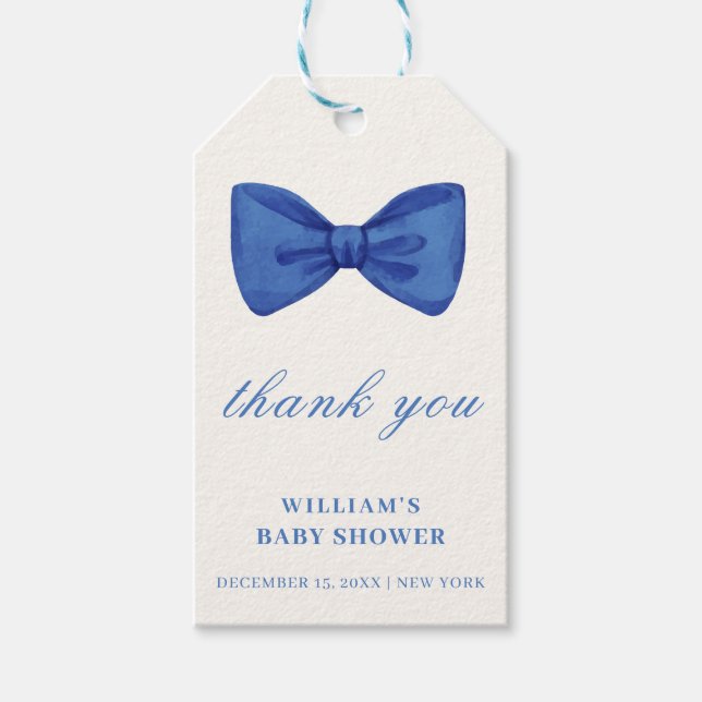 Blue Minimalistisch Bow Boy Baby Dusche Vielen Dan Geschenkanhänger (Vorderseite)