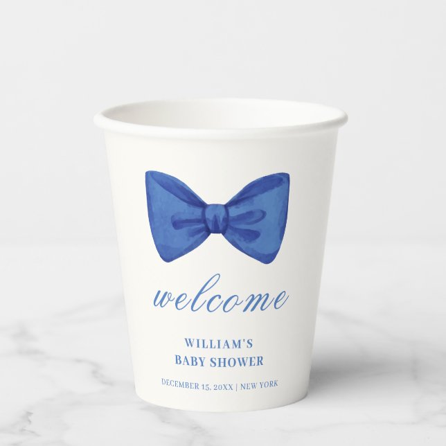 Blue Minimalistisch Bow Boy Baby Dusche Willkommen Pappbecher (Vorderseite)