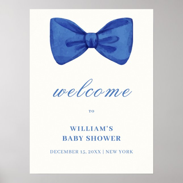 Blue Minimalistisch Bow Boy Baby Dusche Willkommen Poster (Vorne)
