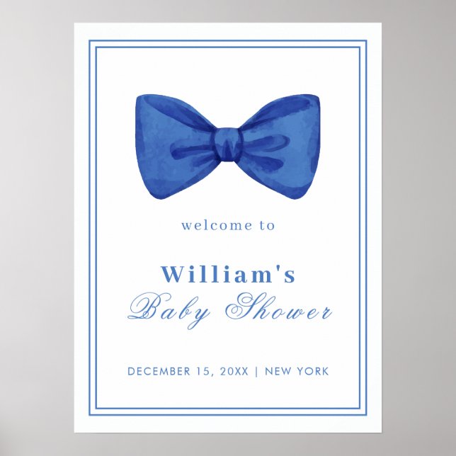 Blue Minimalistisch Bow Frame Baby Dusche Willkomm Poster (Vorne)