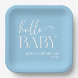 Blue Minimalistisch Hello Baby Dusche Pappteller
