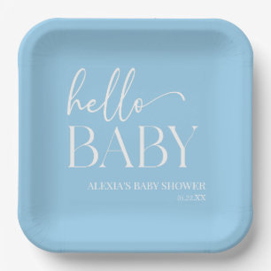 Blue Minimalistisch Hello Baby Dusche Pappteller
