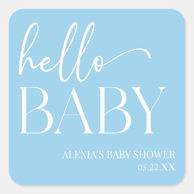 Blue Minimalistisch Hello Baby Dusche Quadratischer Aufkleber (Vorderseite)