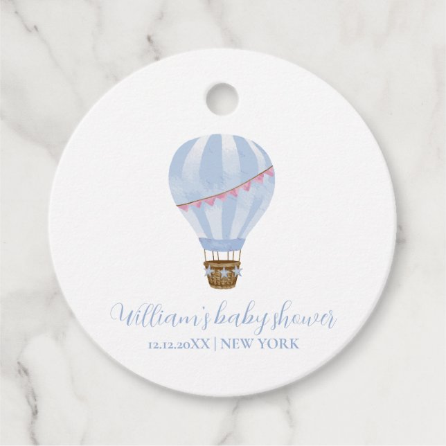 Blue Minimalistisch Hot Air Ballon Boy Baby Dusche Geschenkanhänger (Vorderseite)