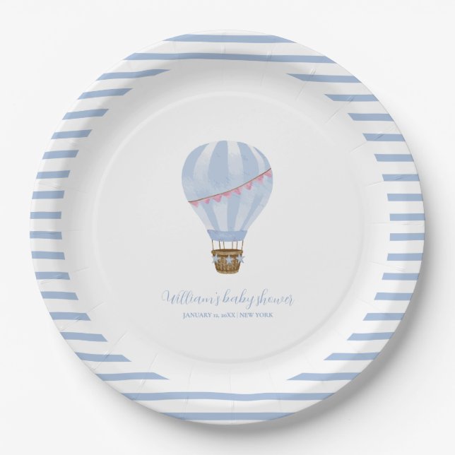 Blue Minimalistisch Hot Air Ballon Boy Baby Dusche Pappteller (Vorderseite)