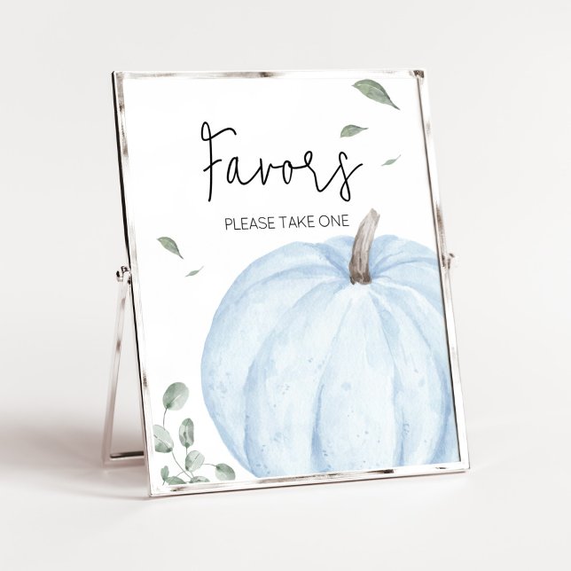 Blue Minimalistisch Pumpkin Baby Duwer Favorits Poster (Watercolor Pumpkin Baby Shower Favors Sign)