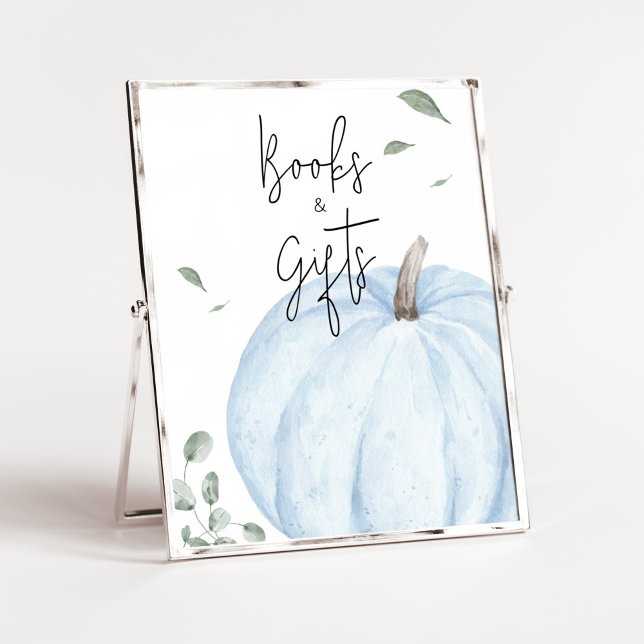 Blue Minimalistisch Pumpkin Bücher und Geschenke Poster (Watercolor Pumpkin Baby Shower Books and Gifts Sign)