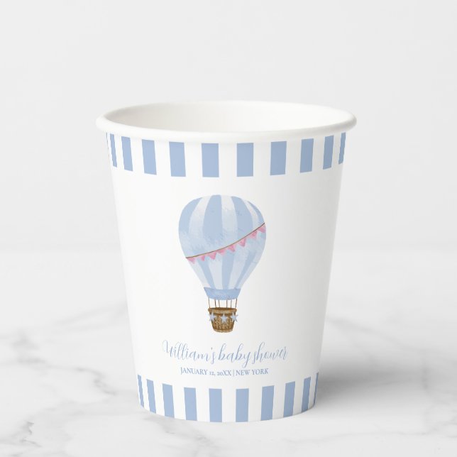 Blue Minimalistisch Stripe Hot Air Ballon Babydusc Pappbecher (Vorderseite)