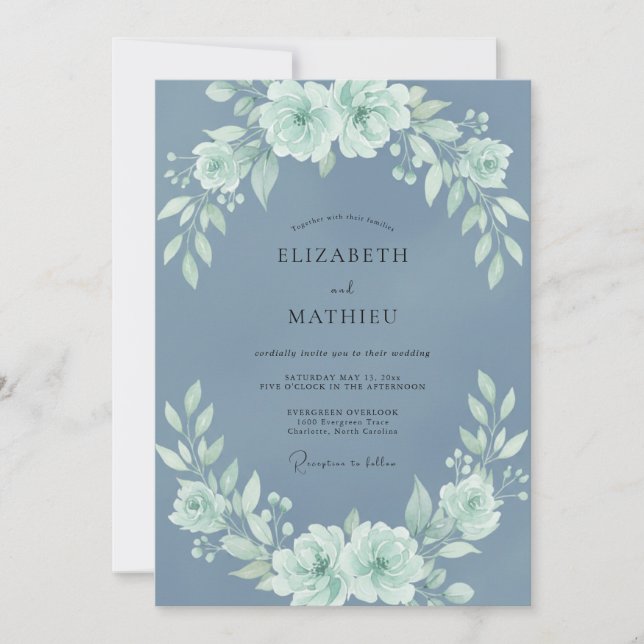 Blue Mint Bloom Hochzeit Einladung (Vorderseite)