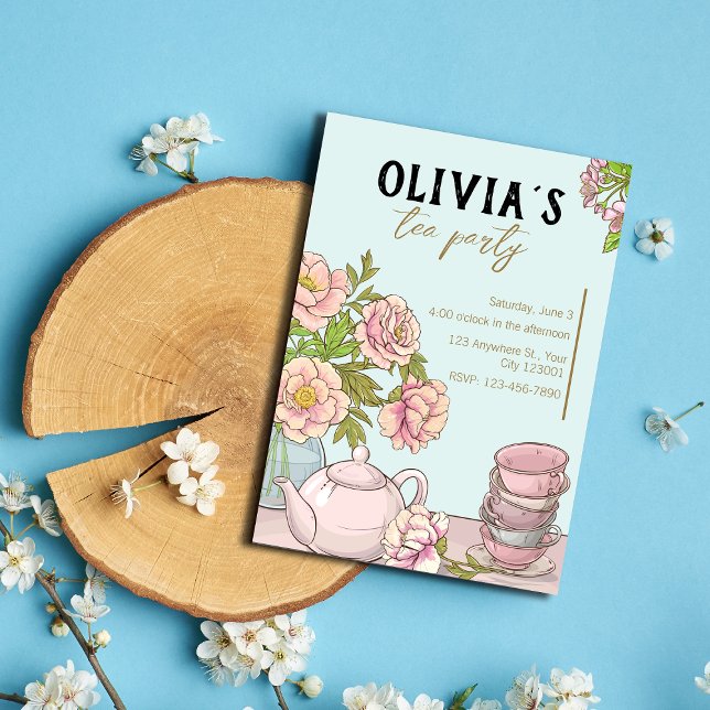 Blue Mint Floral Illustriert Tee Party Einladung (Von Creator hochgeladen)