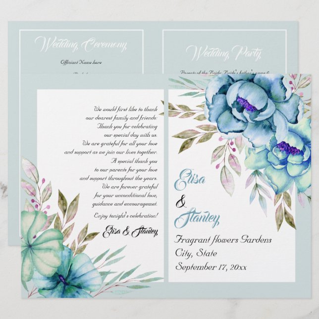 Blue Mint Green Aquarell Blume Hochzeitsprogramm (Vorne/Hinten)