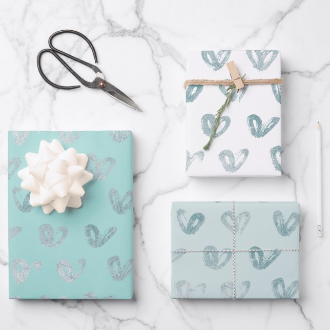 Blue Mint Hearts Geschenkpapier Set (Vorderseite)