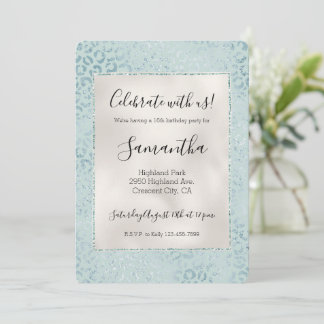 Blue Mint Leopard Print Glitzer Einladung