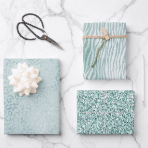 Blue Mint Leopard Print Glitzer Geschenkpapier Set