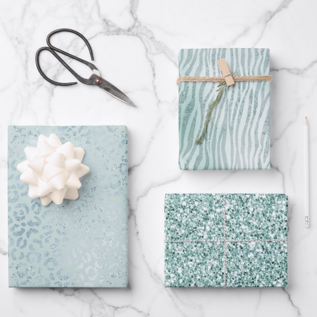 Blue Mint Leopard Print Glitzer Geschenkpapier Set (Vorderseite)