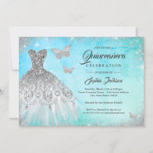 Blue Mint Sparkle Dress Butterfly Quinceanera Invi Einladung