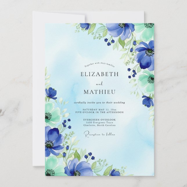 Blue Mint Watercolor Spring Wedding Einladung (Vorderseite)