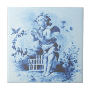 Blue Minton Cherub mit Pan Pipes & Birds Repro Fliese