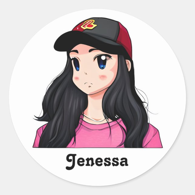 Blue Mit Augen Black Hair Anime Girl Personalisier Runder Aufkleber (Vorderseite)