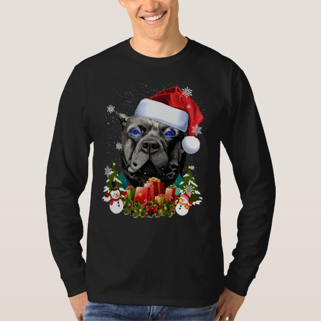 Blue Mit Augen Dog Black Pitbull Weihnachtsfeier W T-Shirt (Vorderseite)