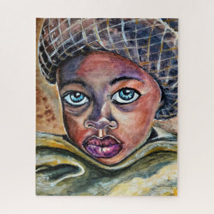 Blue Mit Augen Little Girl with Hat - Aquarellkuns Puzzle