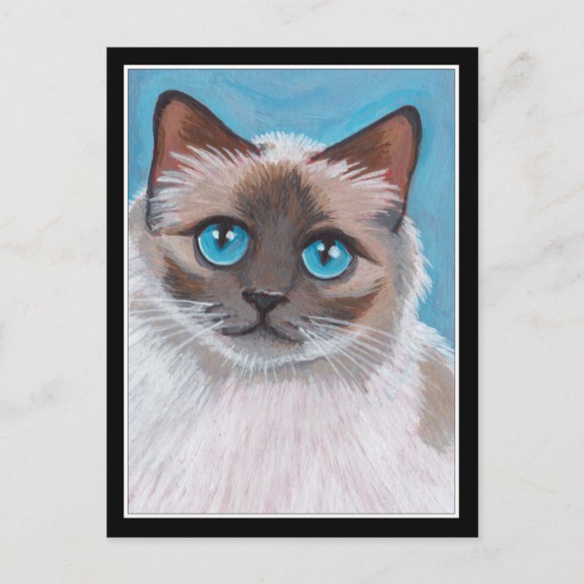 Blue Mit Augen Ragdoll Cat Portrait Malerei Postkarte (Vorderseite)