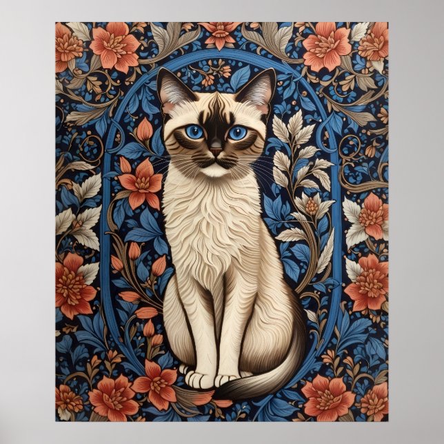 Blue Mit Augen Siamese Cat William Morris Inspirie Poster (Vorne)